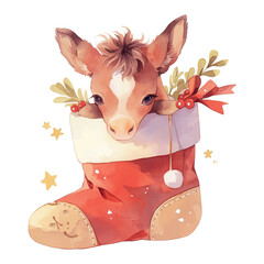 Cute calf peeking out of a festive Christmas stocking adorned with holiday decorations and vibrant colors