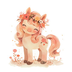 Cute pony illustration with floral crown in a meadow setting surrounded by flowers