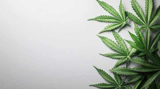 Fresh green plant leaves of are placed in the right corner on a plain light background with soft shadows.