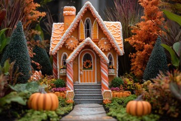 Fototapeta premium A gingerbread style house decorated for Halloween, with candy cane pillars and pumpkin shutters, set in a cartoon forest