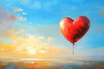 Fototapeta premium Bright Red Heart Balloon Floating Up into a Clear Sky.