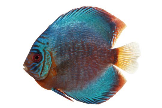 Vibrant turquoise and brown Discus fish with red eyes swimming on a transparent background vector Concept of exotic pet, underwater life, and tropical aquarium