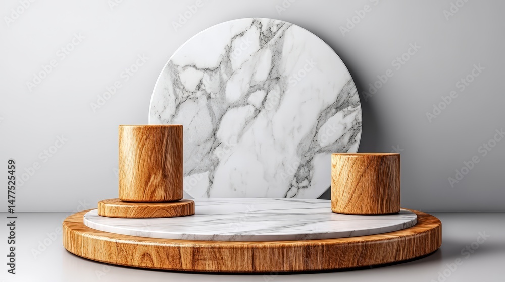 Poster wooden podiums and marble backdrop create a minimalist product display platform for showcasing items