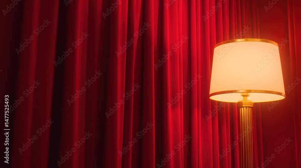 Poster elegant red curtains draping a cozy room, illuminated by a soft lamp, creating warmth