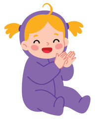 Happy Baby in Purple Frog Costume Clapping Hands with Joyful Expression
