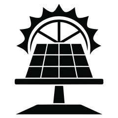 Solar panel silhouette is surrounded by a sun with rays in black color