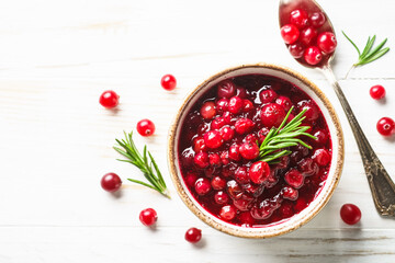 Cranberry sauce in a bowl top view.