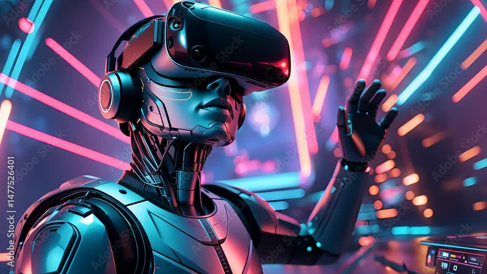 Poster futuristic robot in vr headset with glowing neon lights waving hand in vibrant cyber environment tec