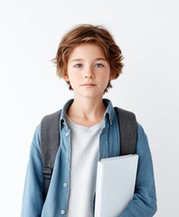 Obraz premium Young Boy with Backpack and Book Ready for School