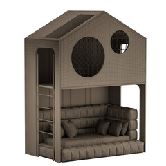 A brown bunk bed with a ladder and a window