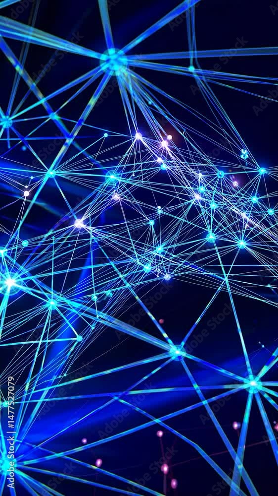 Poster intricate blue plexus network dynamically growing, expanding, connecting glowing nodes across dark s