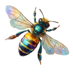 A colorful animated bee with an iridescent sheen on its body and wings, surrounded by soft, whimsical sparkles, isolated with white background.