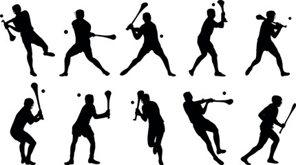 Set of Dynamic Hurling Player Silhouettes with Hurley Stick and Sliotar. Irish Traditional Gaelic Sports Vector
