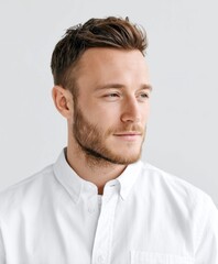Obraz premium Stylish Young Man with Beard in White Shirt Looking Away