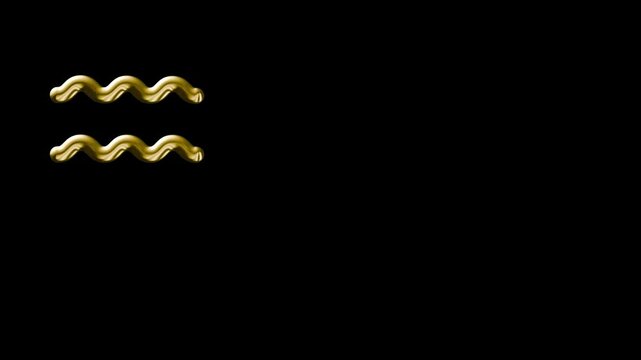 3D rotating gold aquarius zodiac sign on pure black background.