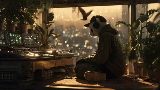 Chill panda DJ enjoying sunset vibes in a high-rise studio with green plants and city lights, creating peaceful lo-fi ambiance.

