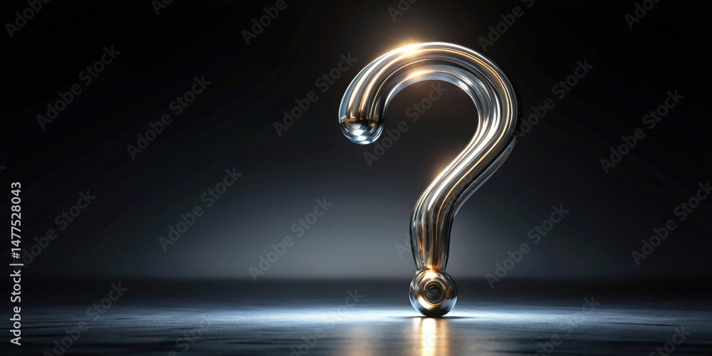 Poster Illuminated Metallic Question Mark on Dark Surface A Symbol of Inquiry and Uncertainty