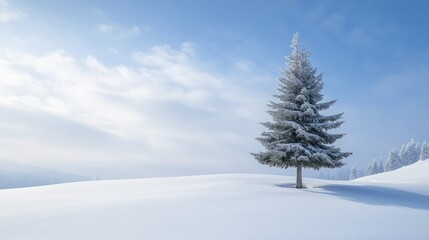 Fototapeta premium Solitary frosted pine tree on a snowy hilltop.