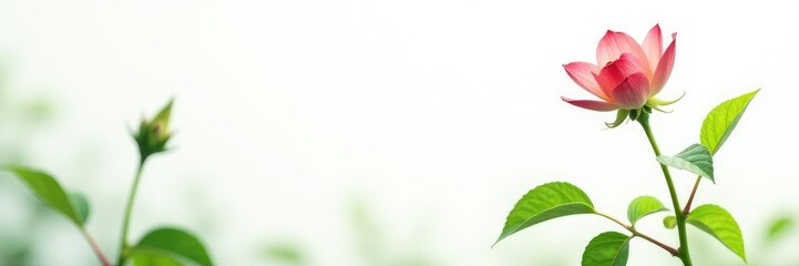 Foliage with a single stem isolated on white background, solitary bloom, nature photography, botany