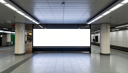 White Billboard in Metro Station - Billboard at Train Stop in Metropolis - Background for Mockup and Placement for Advertisement - Horizontal Blank Poster Whitebox Template