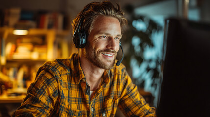 Close-up of man wearing headset, smiling, yellow plaid shirt, working at computer at night, representing customer service, communication, or remote work