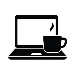 laptop and coffee icon black silhouette 
