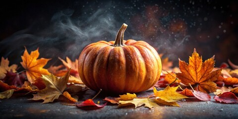 Autumn Harvest A Single Pumpkin Nestled Among Vibrant Fall Leaves with a Misty, Dreamy Atmosphere