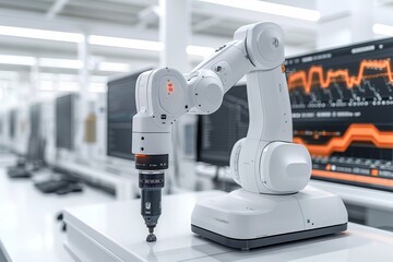 Robotic arm with a drill in a high-tech laboratory during a research and development demonstration