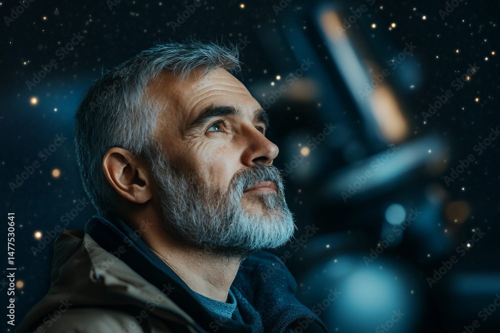 Poster scientist working with telescope during astronomy and space research project at night using generati
