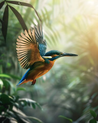 Colorful kingfisher flying through tropical rainforest in golden sunlight
