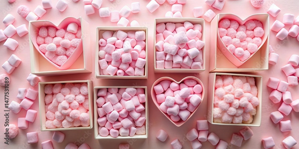 Poster sweet delights in pink heart-shaped boxes and square containers filled with pink marshmallows and mi