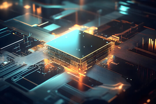 Futuristic microchip processor. Quantum computer, big data processing, database concept. Development of technologies of the future CPU and microprocessors for machine learning,&nbsp;