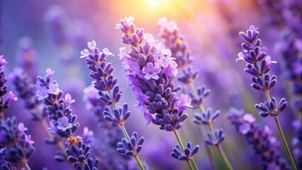 Fototapeta premium Serene Lavender Blossoms Bathed in Golden Sunlight, a Close-Up View of Delicate Purple Flowers in a Field