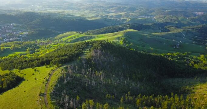 Aerial nature summer landscape flight over picturesque mountains forests meadows