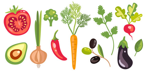 Set of vegetables in vector, flat style.	