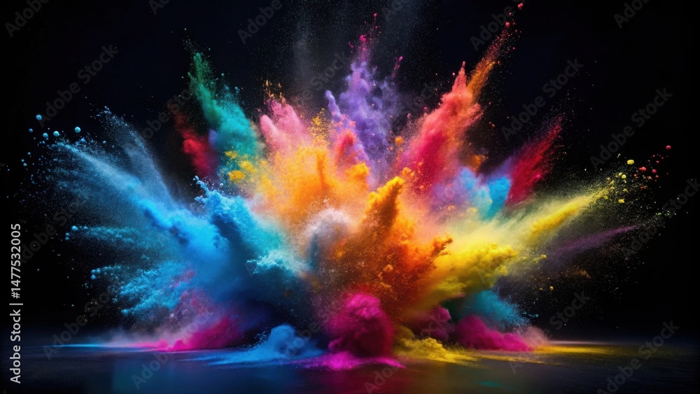 Poster a vibrant explosion of multicolored powder against a dark background, showcasing a dynamic burst of 