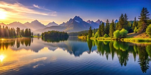 Serene Sunrise Reflection on a Calm Mountain Lake with Lush Green Shores and Majestic Peaks