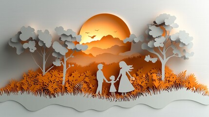 Papercut family illustration parents with children
