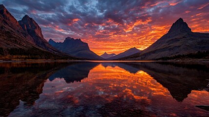 Fototapeta premium Mountain Landscape at Sunset Reflecting on Lake Water