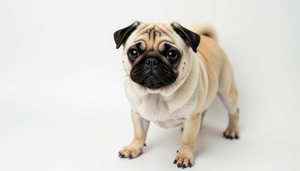 Obraz premium Solo pug, looking directly at camera, pure white backdrop, breed, dog, focus