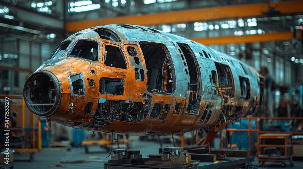 Poster workers are assembling an aircraft fuselage in a state of the art aerospace facility. the environmen