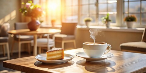 Warm Sunlit Cafe Moment A Piece of Cake and Steaming Coffee on Wooden Table