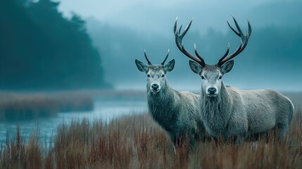 Misty morning wildlife encounter nature reserve deers grazing tranquil environment close view