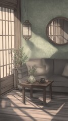Tranquil, sun-drenched living room with Asian accents