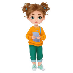 Cute cartoon girl with curly brown hair wearing orange sweater and green pants, holding smartphone, smiling, standing in relaxed pose, playful illustration