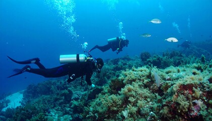 Colorful underwater coral reef exploration by scuba diving and snorkeling