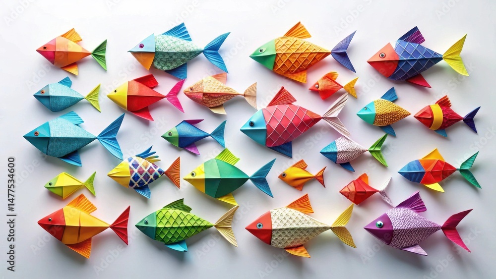 Poster a vibrant collection of colorful origami fish artfully arranged on a clean white background, showcas