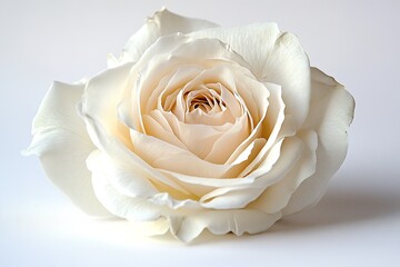 A single white rose with velvety petals and a lush center, isolated on a clean white backdrop