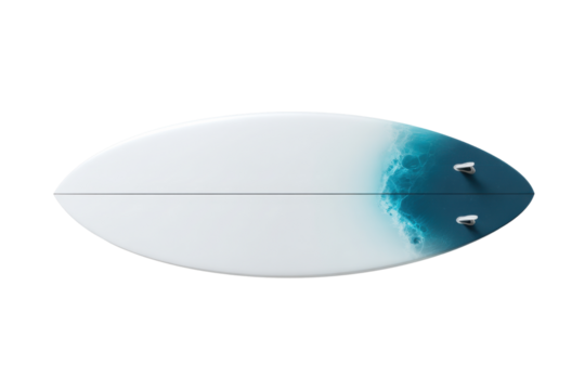 Clean surfboard with ocean wave design, showcasing surfing equipment and water sports lifestyle Concept of summer vacation, beach culture, and ocean adventure