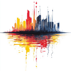 Abstract representation of sound waves in red, yellow, and blue colors, with reflections on a water surface, creating a visually appealing urban skyline.